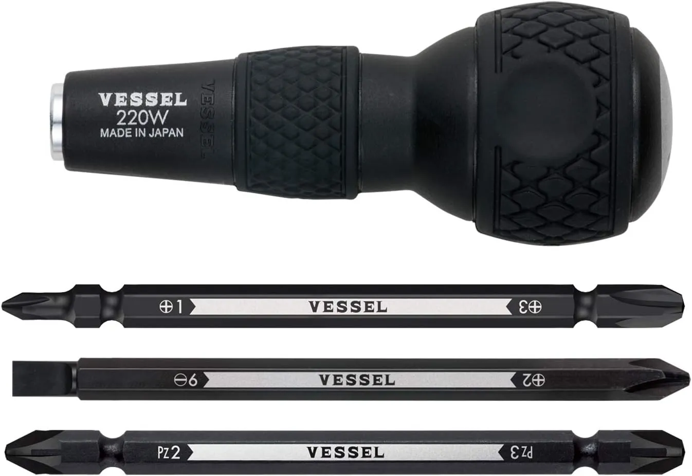 VESSEL BALL GRIP 1/4" Hex. Bit Interchangeable Screwdriver (Bit 3PC. ( 1,  3 /  2, -6 / PZ2, PZ3) SET. 220W3J1)
