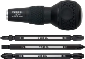 VESSEL BALL GRIP 1/4" Hex. Bit Interchangeable Screwdriver (Bit 3PC. ( 1,  3 /  2, -6 / PZ2, PZ3) SET. 220W3J1)