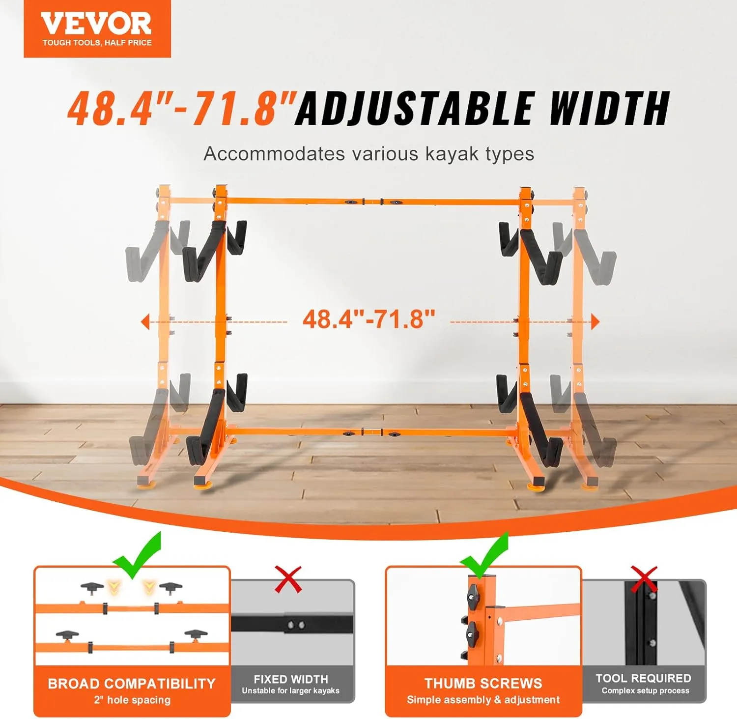 VEVOR Freestanding Kayak Storage Rack, Kayak Stand for 2 or 4 Kayak Canoe Paddleboard, Heavy-Duty Steel Kayak Hanger Holder with Padded Arms and Adjustable Width,for Indoor Outdoor Garage