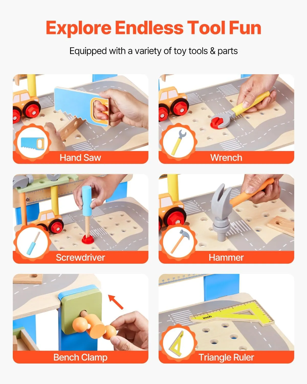 VEVOR Kids Workbench, 62 pcs Wooden Tool Bench for Kids 3 Years and Up, Toddler Toy Workbench with Realistic Tools, Building Set Creative & Educational Construction Toy for Boys & Girls