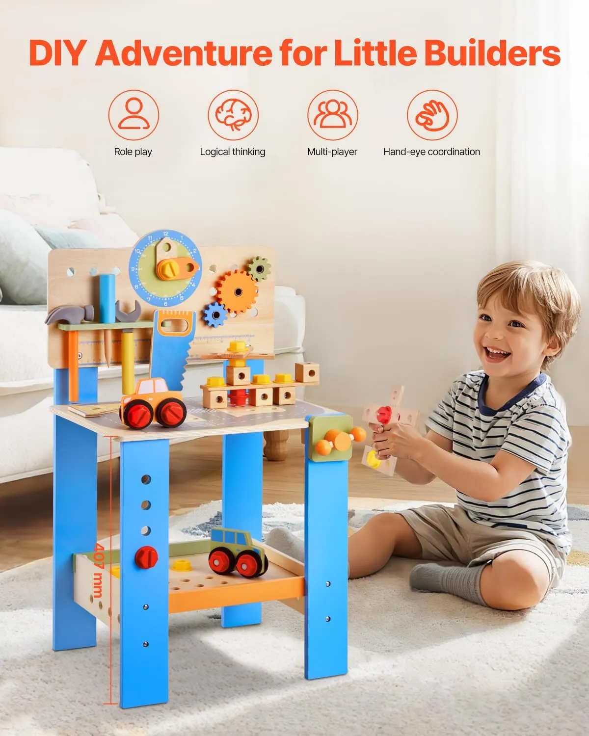 VEVOR Kids Workbench, 62 pcs Wooden Tool Bench for Kids 3 Years and Up, Toddler Toy Workbench with Realistic Tools, Building Set Creative & Educational Construction Toy for Boys & Girls