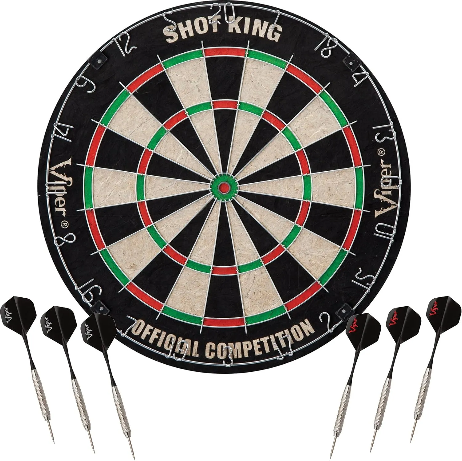 Viper Stadium Cabinet & Shot King Sisal/Bristle Dartboard Ready-to-Play Bundle with Two Sets of Steel-Tip Darts, Throw Line, and Dry Erase Scoreboards, Walnut Finish