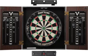 Viper Stadium Cabinet & Shot King Sisal/Bristle Dartboard Ready-to-Play Bundle with Two Sets of Steel-Tip Darts, Throw Line, and Dry Erase Scoreboards, Walnut Finish