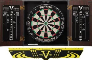 Viper Stadium Cabinet & Shot King Sisal/Bristle Dartboard Ready-to-Play Bundle with Two Sets of Steel-Tip Darts, Throw Line, and Dry Erase Scoreboards, Walnut Finish