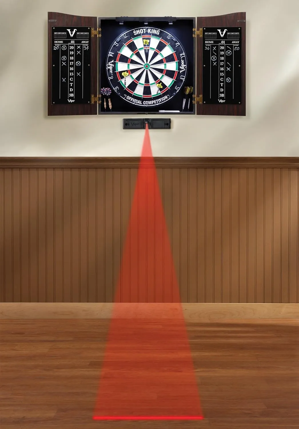 Viper Vault Cabinet & Shot King Sisal/Bristle Dartboard Ready-to-Play Bundle with Two Sets of Steel-Tip Darts, Throw Line, and Dry Erase Scoreboards, Walnut Finish
