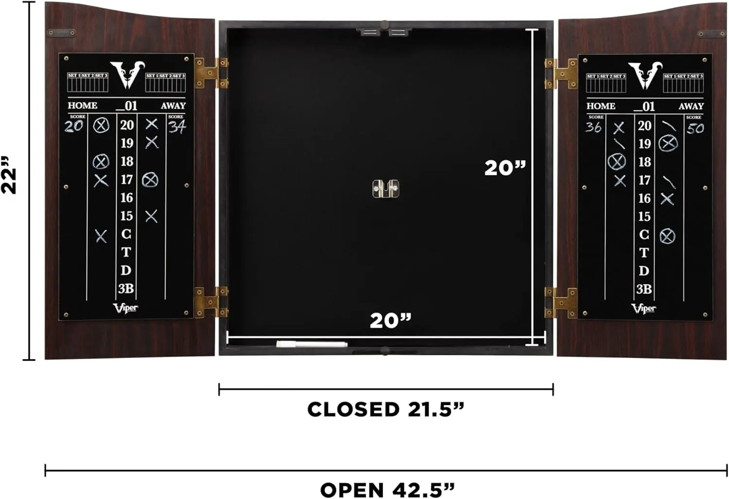 Viper Vault Cabinet & Shot King Sisal/Bristle Dartboard Ready-to-Play Bundle with Two Sets of Steel-Tip Darts, Throw Line, and Dry Erase Scoreboards, Walnut Finish