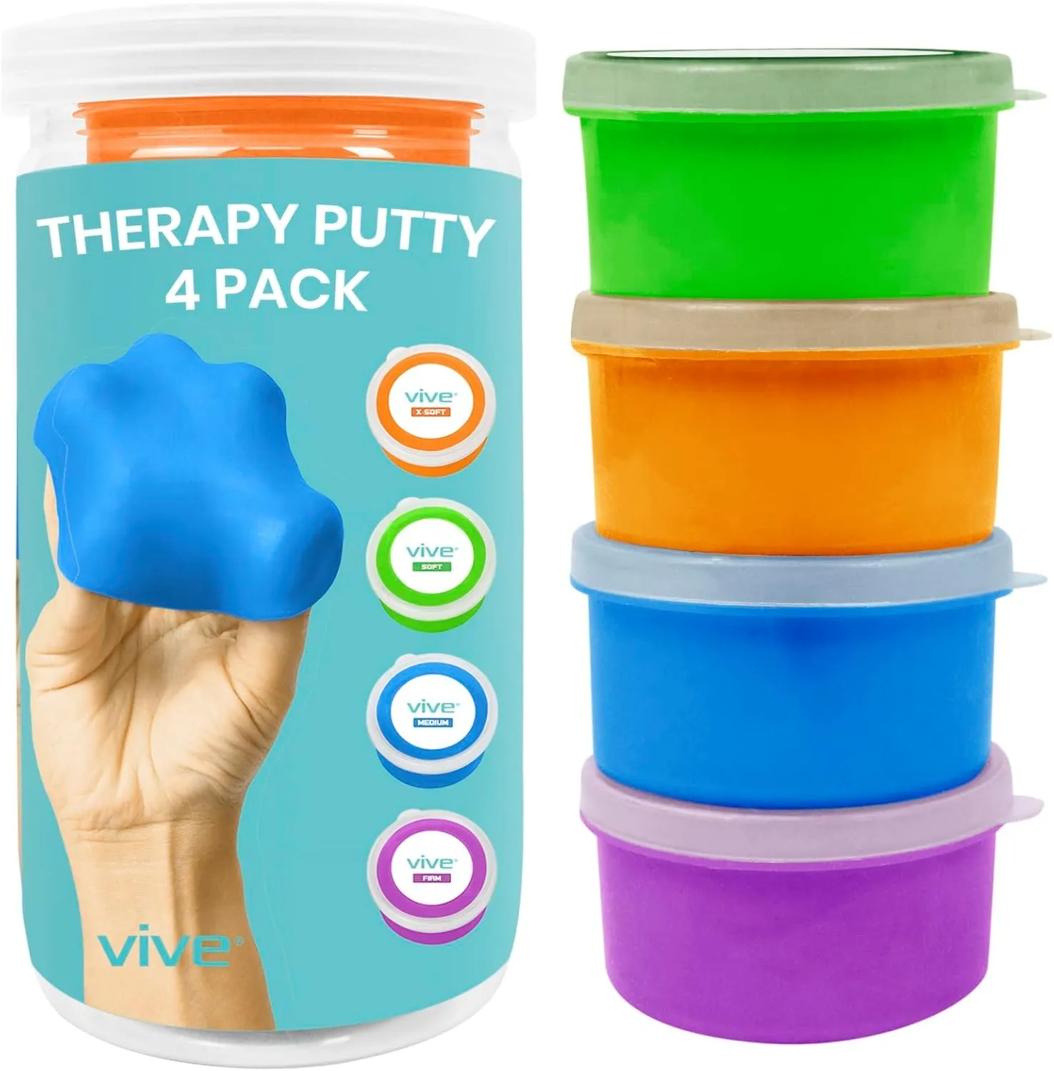 Vive Exercise Putty (4-Pack) - Therapeutic, Occupational and Therapy Tool - Thinking and Stress - Finger, Hand Grip Strength Exercises - Extra Soft, Soft, Medium, Firm Sensory Kit - Squeezable Ball