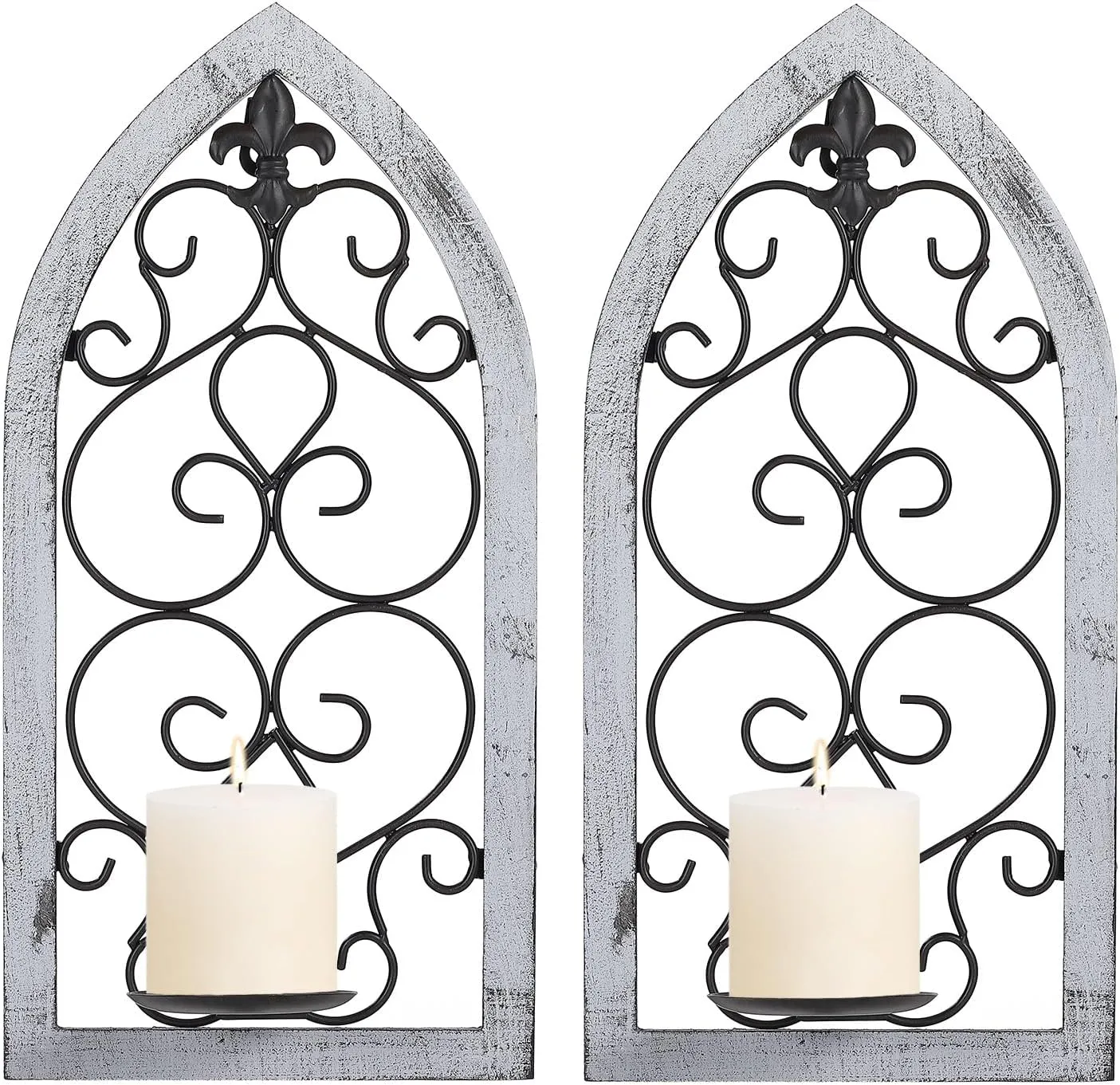 Wall Candle Sconces Set of Two, 16.1” Wall Sconce Candle Holders, Black Metal Candle Sconce Holder with Wooden Frame, Fleur De Lis Sconces Wall Decor Set of 2 for Living Room Bedroom Dining Room