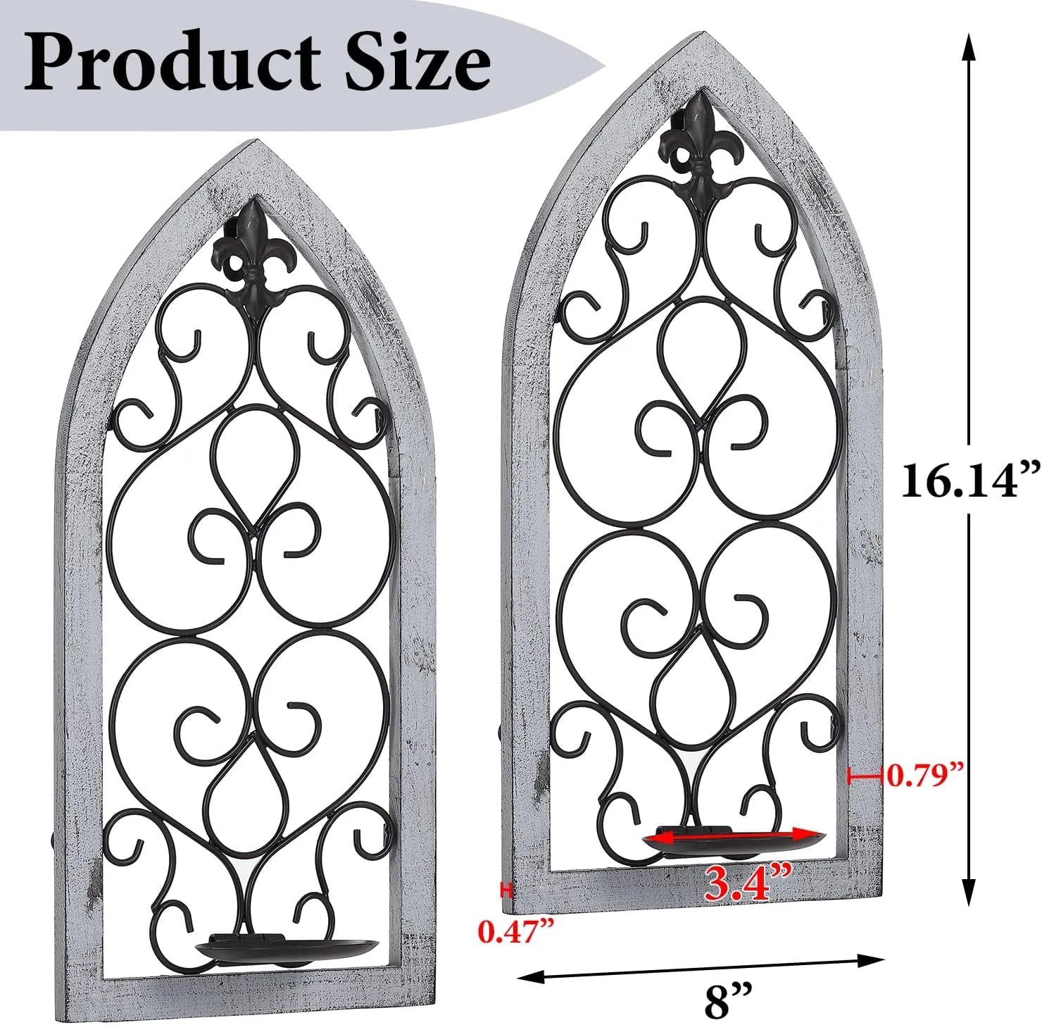 Wall Candle Sconces Set of Two, 16.1” Wall Sconce Candle Holders, Black Metal Candle Sconce Holder with Wooden Frame, Fleur De Lis Sconces Wall Decor Set of 2 for Living Room Bedroom Dining Room