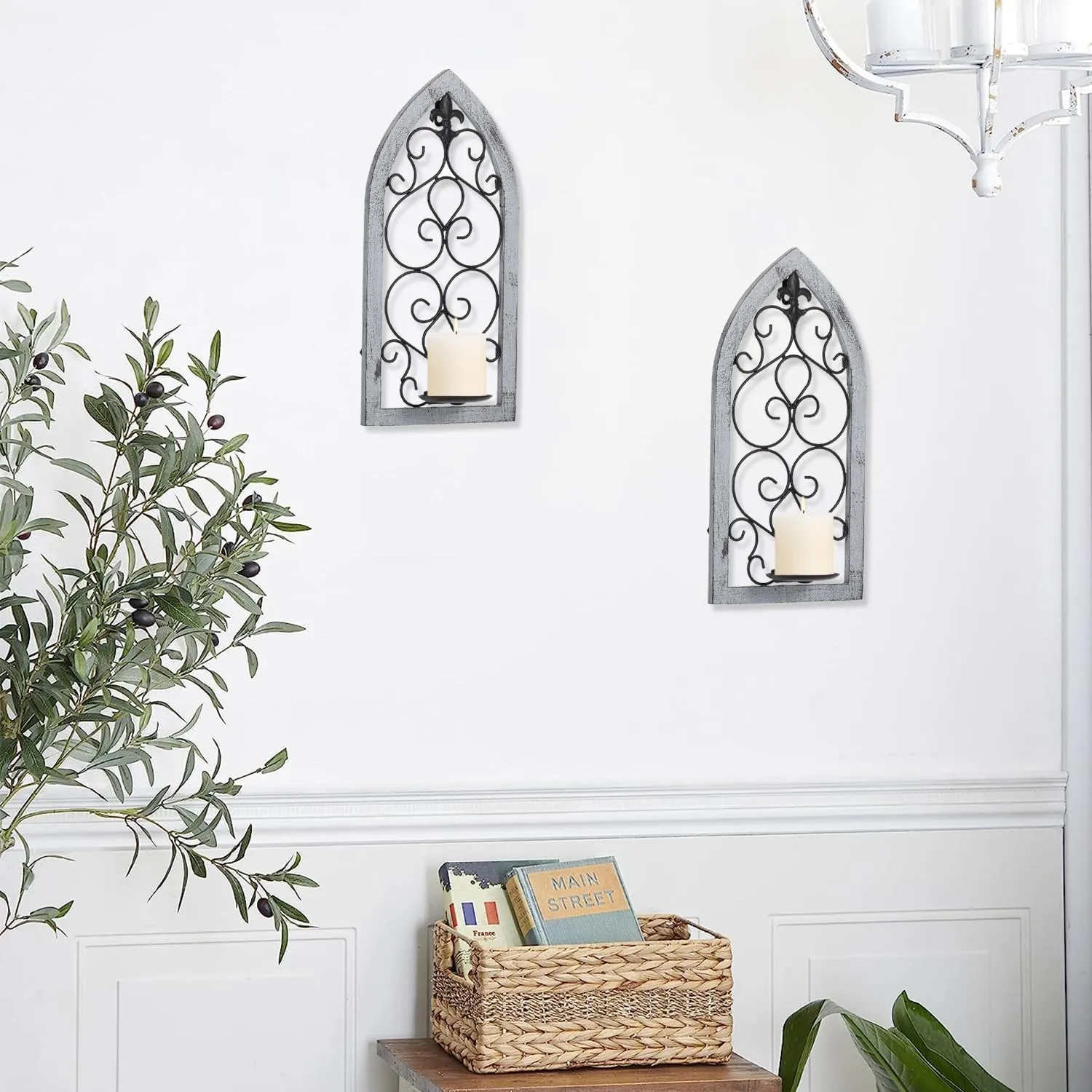 Wall Candle Sconces Set of Two, 16.1” Wall Sconce Candle Holders, Black Metal Candle Sconce Holder with Wooden Frame, Fleur De Lis Sconces Wall Decor Set of 2 for Living Room Bedroom Dining Room