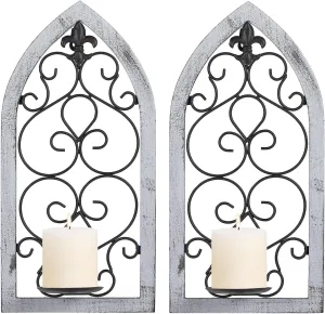 Wall Candle Sconces Set of Two, 16.1” Wall Sconce Candle Holders, Black Metal Candle Sconce Holder with Wooden Frame, Fleur De Lis Sconces Wall Decor Set of 2 for Living Room Bedroom Dining Room