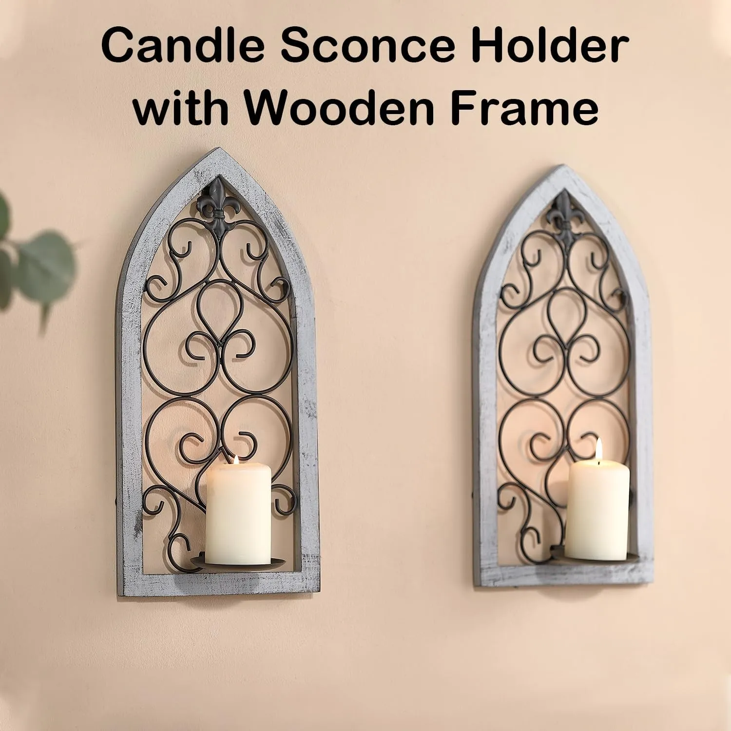 Wall Candle Sconces Set of Two, 16.1” Wall Sconce Candle Holders, Black Metal Candle Sconce Holder with Wooden Frame, Fleur De Lis Sconces Wall Decor Set of 2 for Living Room Bedroom Dining Room