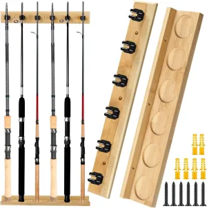 Wall Mounted Fishing Rod Holder Wooden Vertical Fishing Rod Rack Fishing Pole Holders for Garage Holds up to 6 Rods Fishing Gear Storage Organizer Gifts for Dad Grandpa(Bamboo Wood Color)