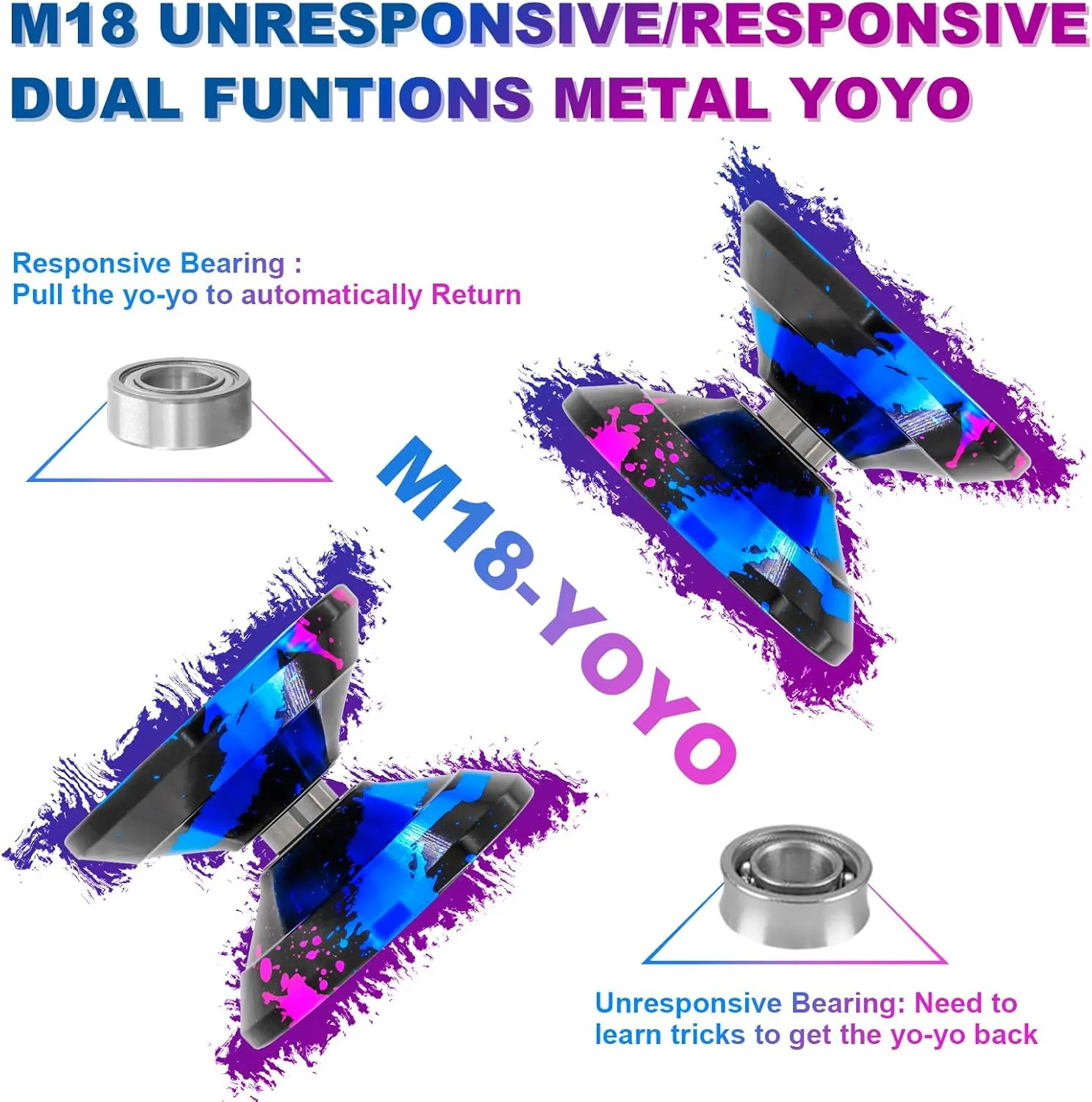 WATIEOBOO yoyo M18 Professional Metal Trick Yoyo Responsive & Unresponsive yoyos for Kids 8-12 and Adults yoyo, with Bearing Kit, 10 Strings, Case & Gloves 6061 Aluminum Alloy yo-yo