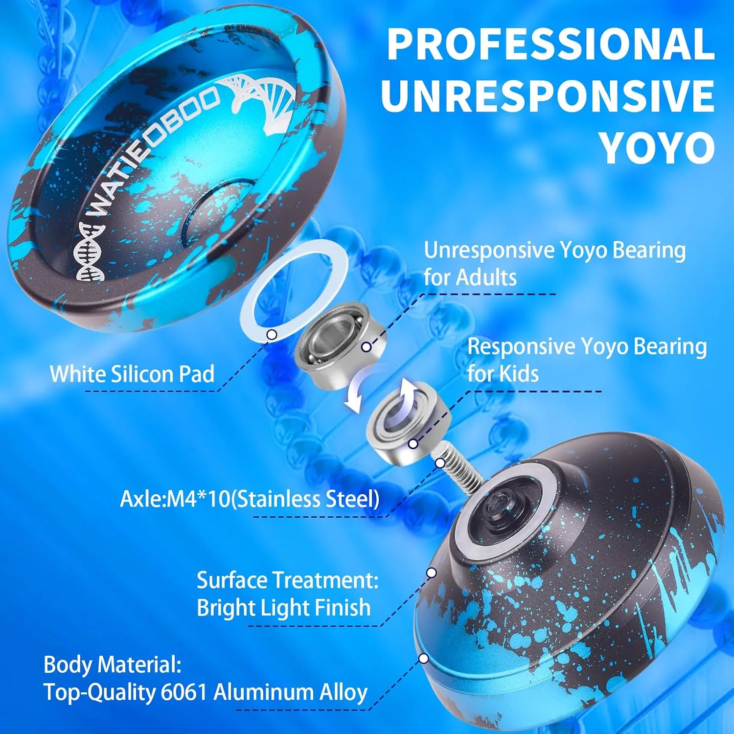 WATIEOBOO Yoyo Professional Responsive Yoyo Bearing for Kids Beginner Unresponsive Yoyo Bearing for Adults Advanced Yoyo Player-Black and Blue, LS-YOYO-31