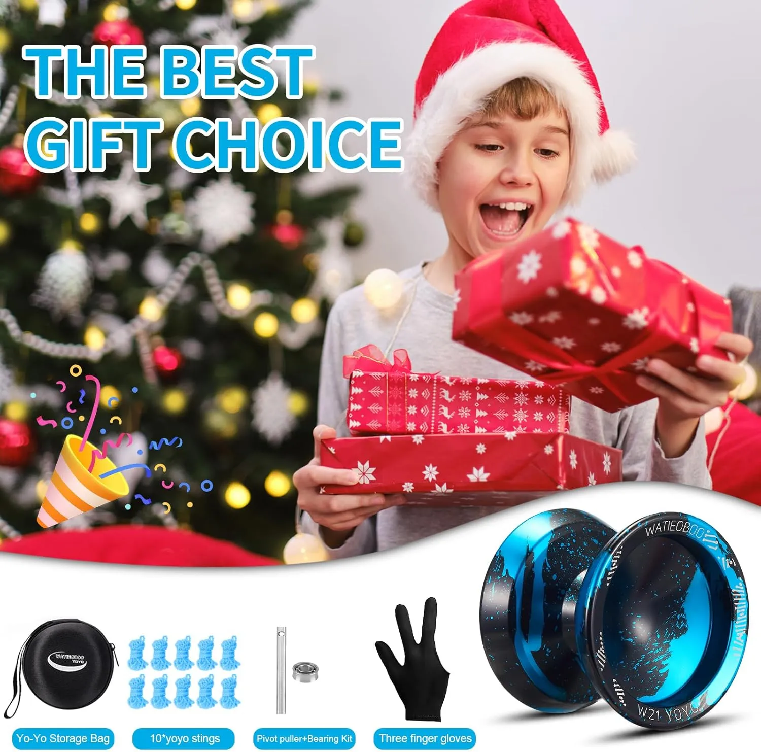 WATIEOBOO Yoyo R8 Responsive Yoyo for Kids 8-12,,Professional Unresponsive Yoyo for Adults Pro Metal Trick Yoyo with Yo Yo Bearing Kit 10 Strings, Case & Gloves (W21-Black and Blue)