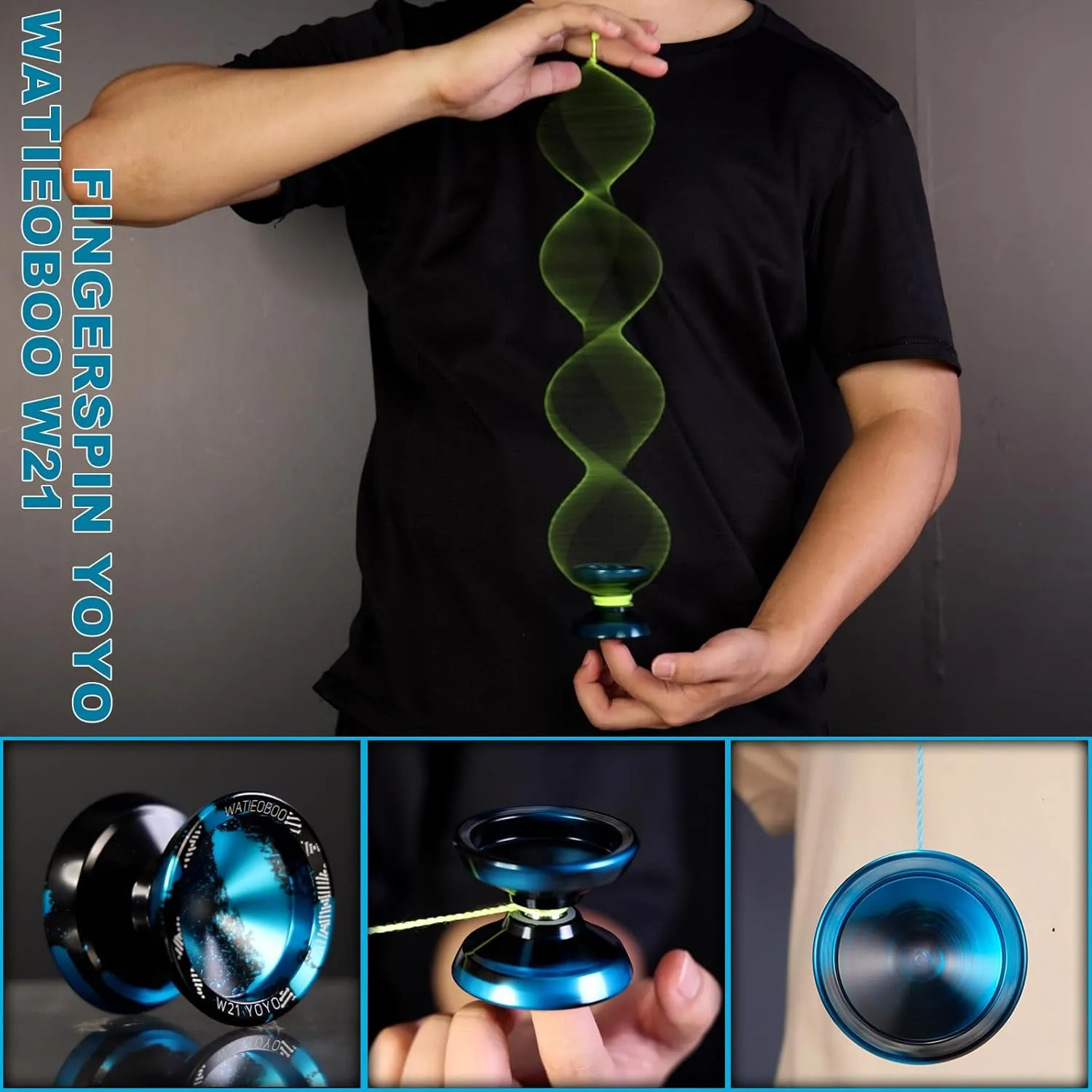 WATIEOBOO Yoyo R8 Responsive Yoyo for Kids 8-12,,Professional Unresponsive Yoyo for Adults Pro Metal Trick Yoyo with Yo Yo Bearing Kit 10 Strings, Case & Gloves (W21-Black and Blue)