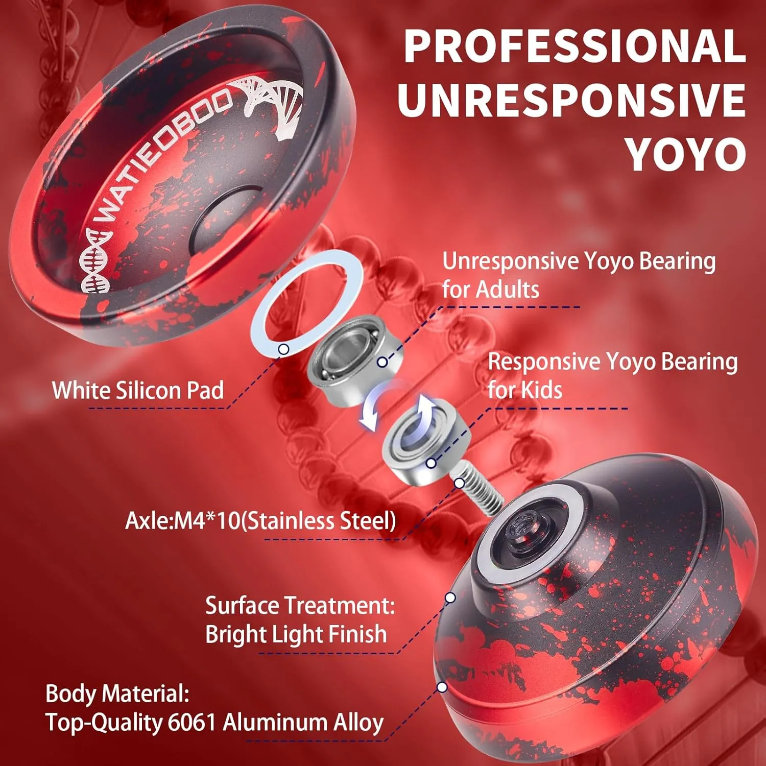 WATIEOBOO Yoyo Trick Yoyo Professional Responsive Yoyo Bearing for Kids Beginner Unresponsive Yoyo Bearing for Adults Advanced Yoyo Player with Removal Bearing Tool -Black and Red, LS-YOYO-31