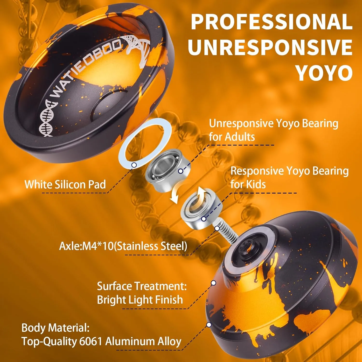 WATIEOBOO Yoyo Trick Yoyo Professional Responsive Yoyo Bearing for Kids Beginner Unresponsive Yoyo Bearing for Adults Advanced Yoyo Player with Removal Bearing Tool -Black Gold, LS-YOYO-31