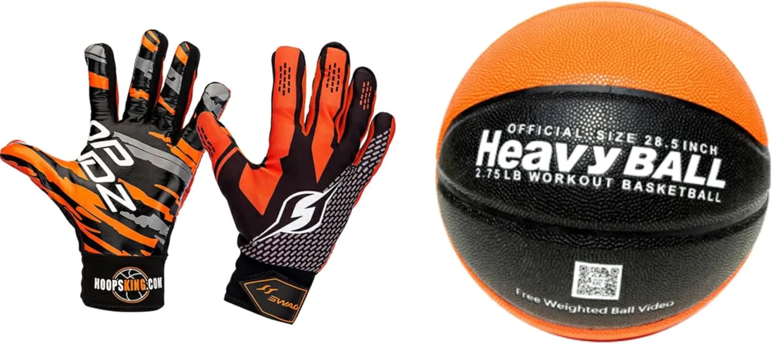 Weighted Basketball Training Ball & Anti-Grip Dribbling Gloves Set – Build Strength, Improve Ball Handling, Includes Free Pro Training Video, 29.5” (3 lbs) & 28.5” (2.75 lbs) Sizes