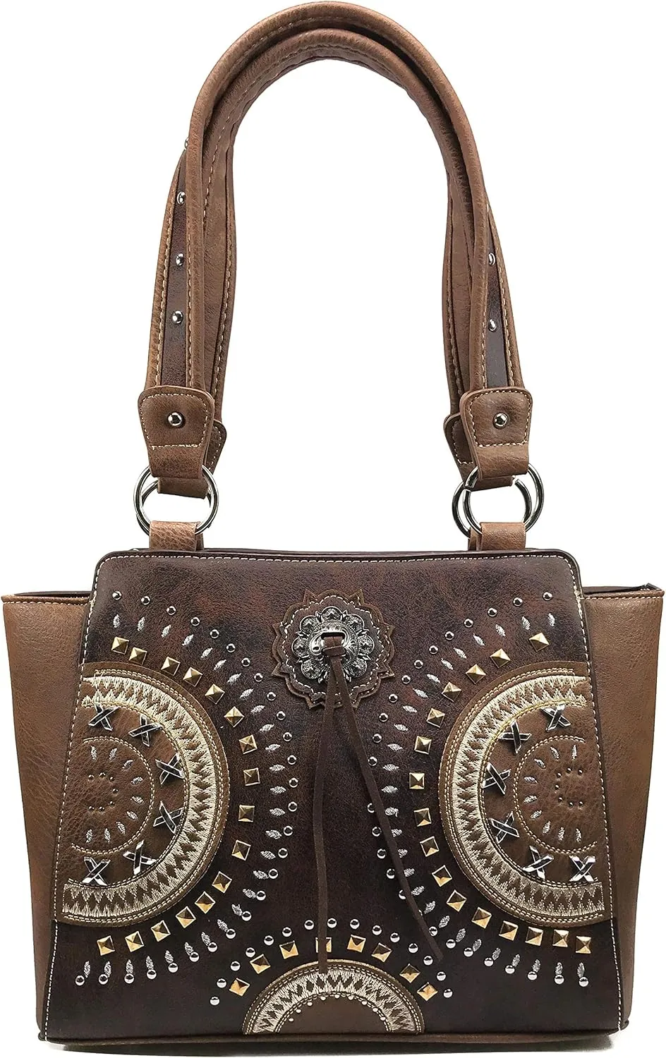 Western Country Embroidered Medallion Bullseye Concho Fringe Concealed Carry Tote Handbag