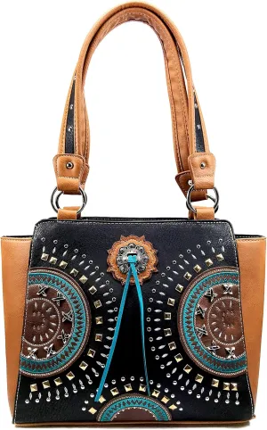 Western Country Embroidered Medallion Bullseye Concho Fringe Concealed Carry Tote Handbag