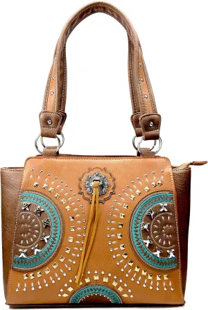 Western Country Embroidered Medallion Bullseye Concho Fringe Concealed Carry Tote Handbag