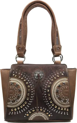 Western Country Embroidered Medallion Bullseye Concho Fringe Concealed Carry Tote Handbag