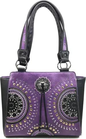 Western Country Embroidered Medallion Bullseye Concho Fringe Concealed Carry Tote Handbag
