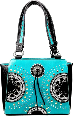 Western Country Embroidered Medallion Bullseye Concho Fringe Concealed Carry Tote Handbag