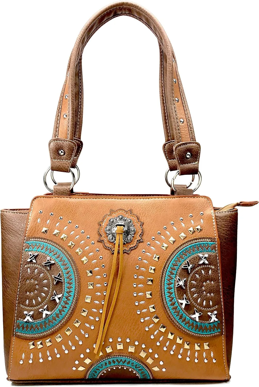 Western Country Embroidered Medallion Bullseye Concho Fringe Concealed Carry Tote Handbag