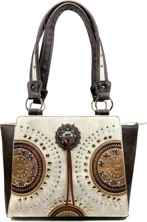 Western Country Embroidered Medallion Bullseye Concho Fringe Concealed Carry Tote Handbag