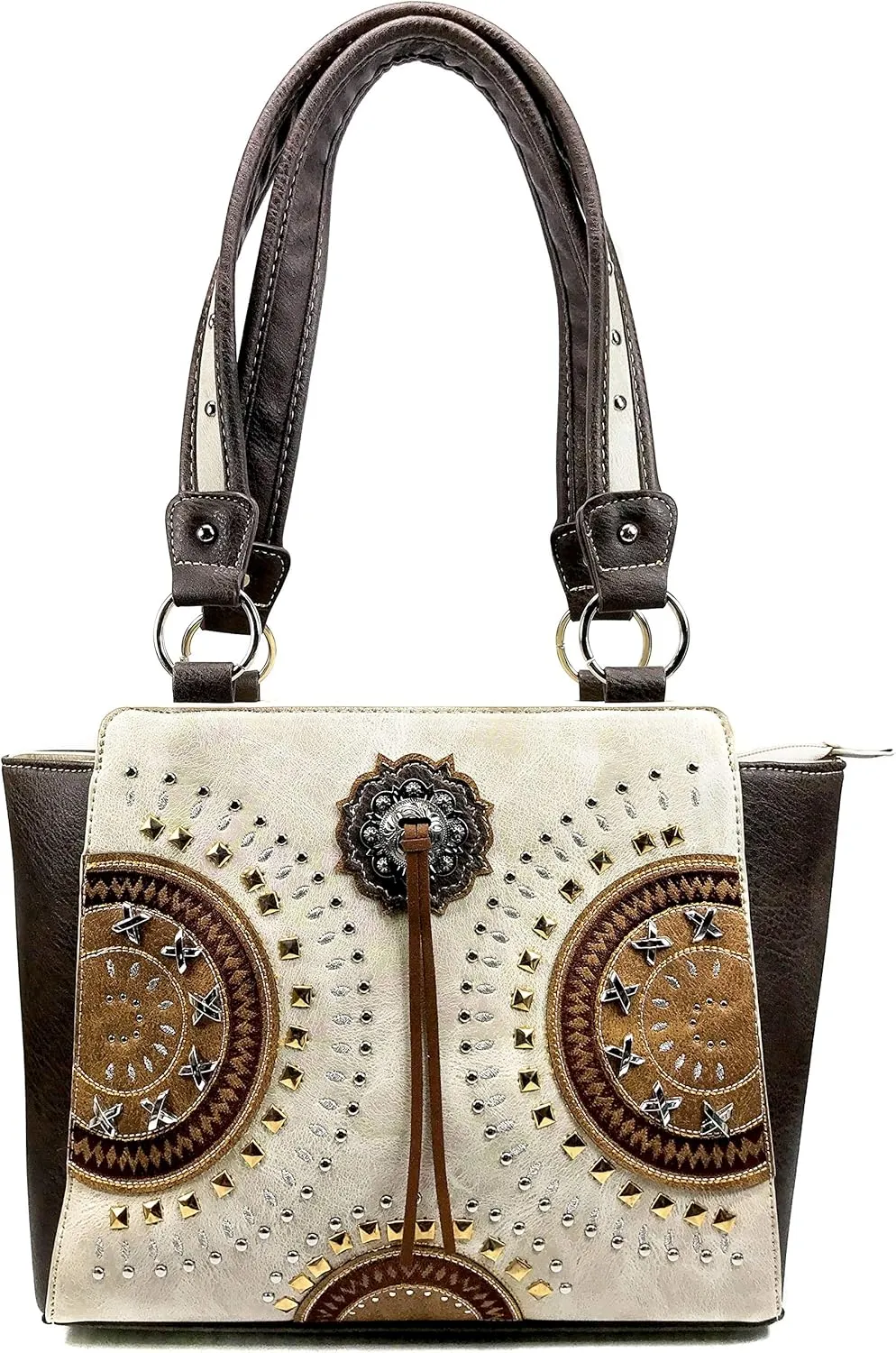 Western Country Embroidered Medallion Bullseye Concho Fringe Concealed Carry Tote Handbag