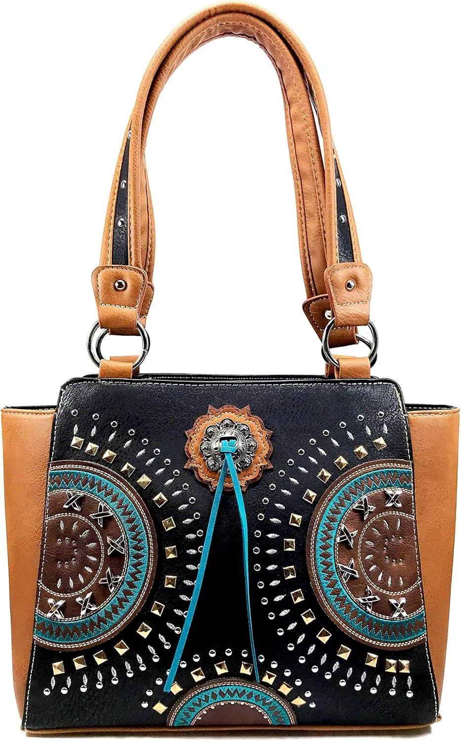 Western Country Embroidered Medallion Bullseye Concho Fringe Concealed Carry Tote Handbag