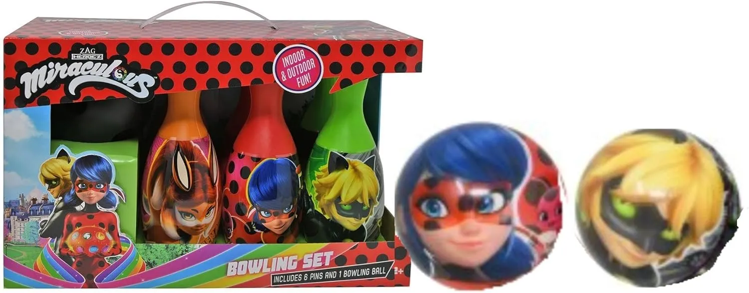 What Kids Want Miraculous Ladybug Bowling Set - Superheroes Bowling Set for Kids, Fun Indoor and Outdoor Bowling Game for Kids, for Birthday Parties, Games and Play Dates - 7 Pieces Set