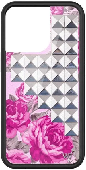 Wildflower Cases - Pink Floral w/Silver Pyramid Case, Compatible with Apple iPhone 13 Pro | Cute, Pink, Stud, Floral - Protective Black Bumper, 4ft Drop Test Certified, Women Owned Small Business