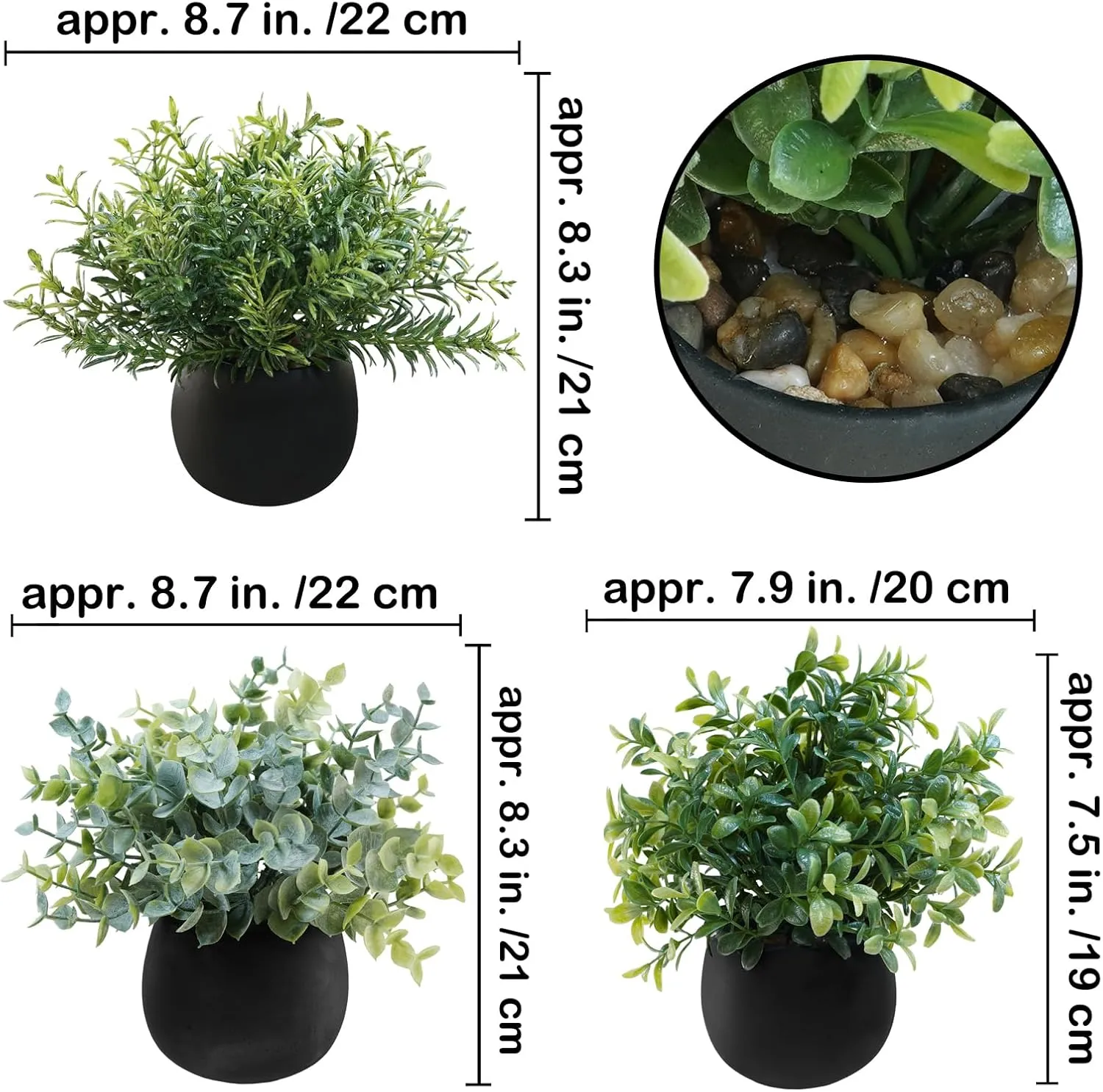Winlyn Set of 3 Small Potted Faux Plants 8" Artificial Eucalyptus Rosemary Boxwood Plants in Black Concrete Pot Desk Plants for Home Office Bathroom Kitchen Counter Shelf Coffee Table Windowsill Décor