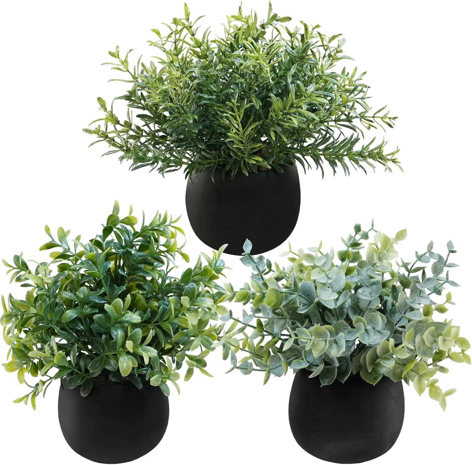 Winlyn Set of 3 Small Potted Faux Plants 8" Artificial Eucalyptus Rosemary Boxwood Plants in Black Concrete Pot Desk Plants for Home Office Bathroom Kitchen Counter Shelf Coffee Table Windowsill Décor