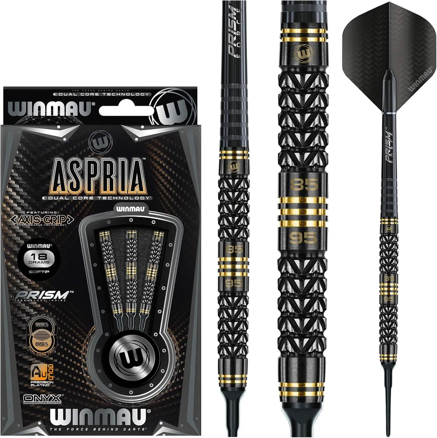 Winmau Aspria 95% / 85% Tungsten Darts Set with Flights and Stems (Shafts) Steel Tip & Soft Tip