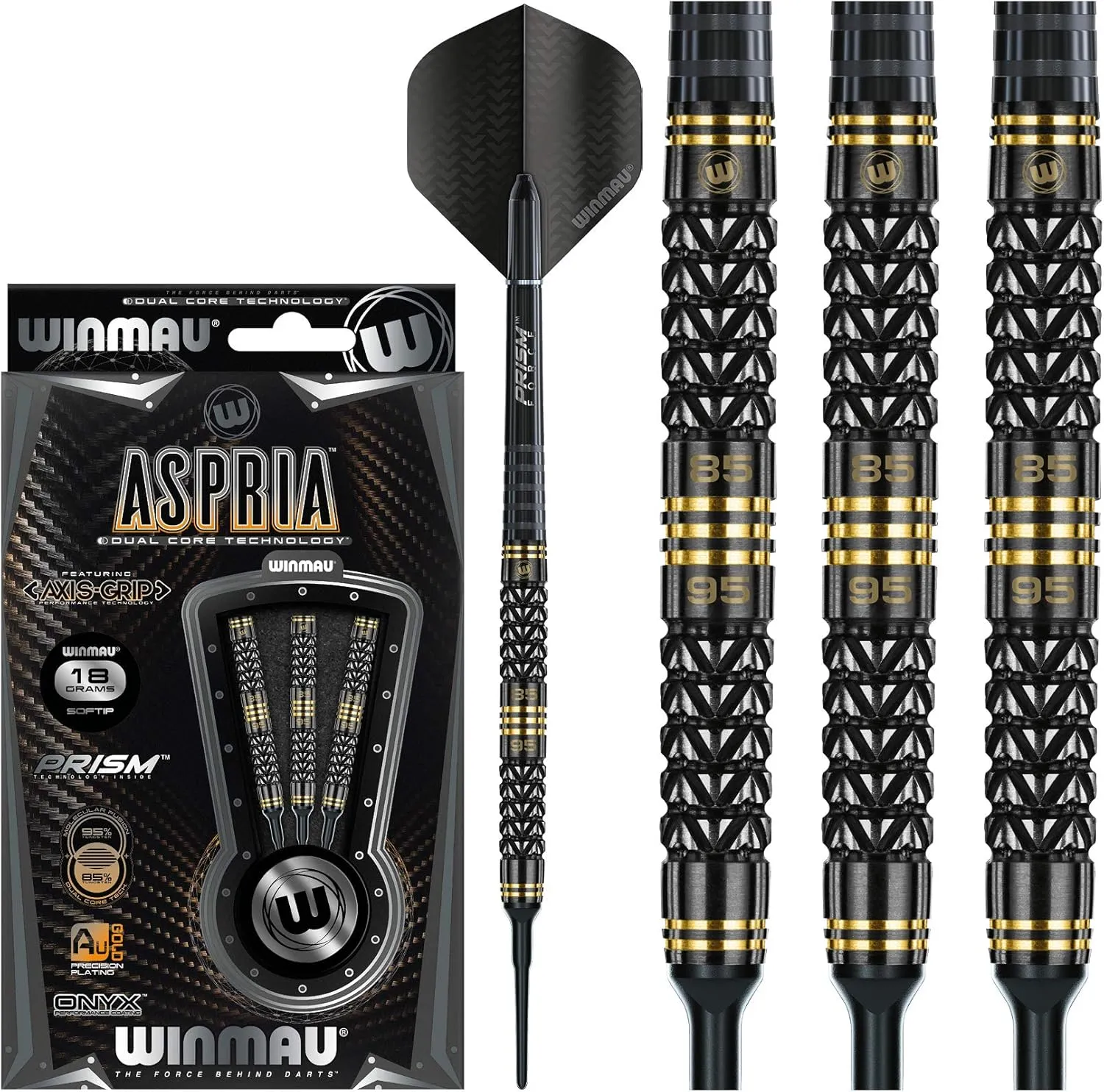 Winmau Aspria 95% / 85% Tungsten Darts Set with Flights and Stems (Shafts) Steel Tip & Soft Tip