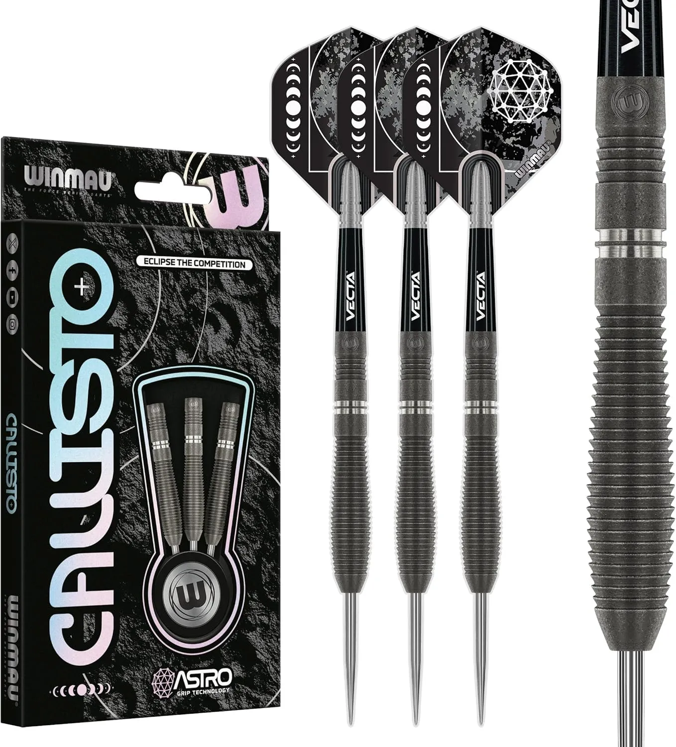 Winmau Darts Callisto Series 90% Professional Tungsten Steel Tip Darts Set with Dart Flights and Dart Shafts (Stems) - Available in Three Styles - 22g, 23g, 24g, 25g & 26g Dart