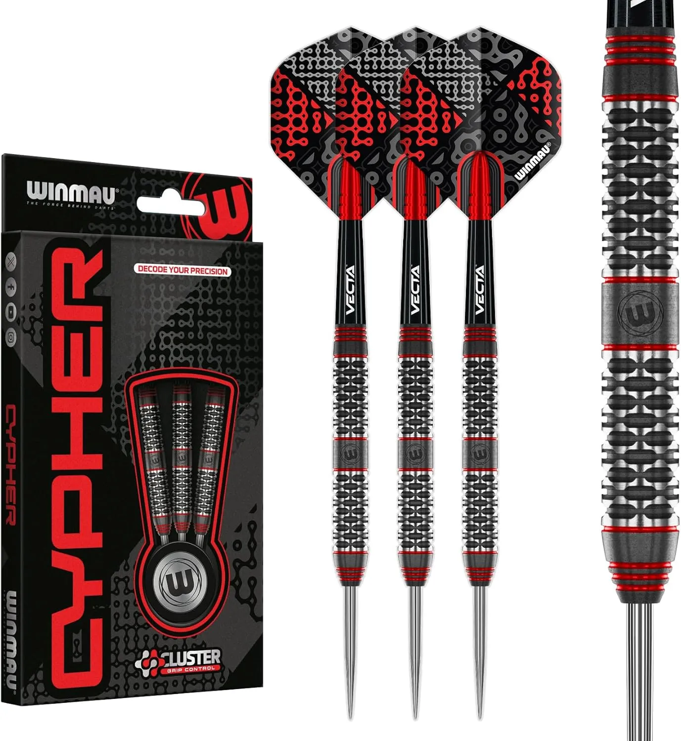 Winmau Darts Cypher Series 90% Professional Tungsten Darts Set with Dart Flights and Dart Shafts (Stems) - Available Weights 18g Soft Tip 22g, 24g and 26g Steel Tip