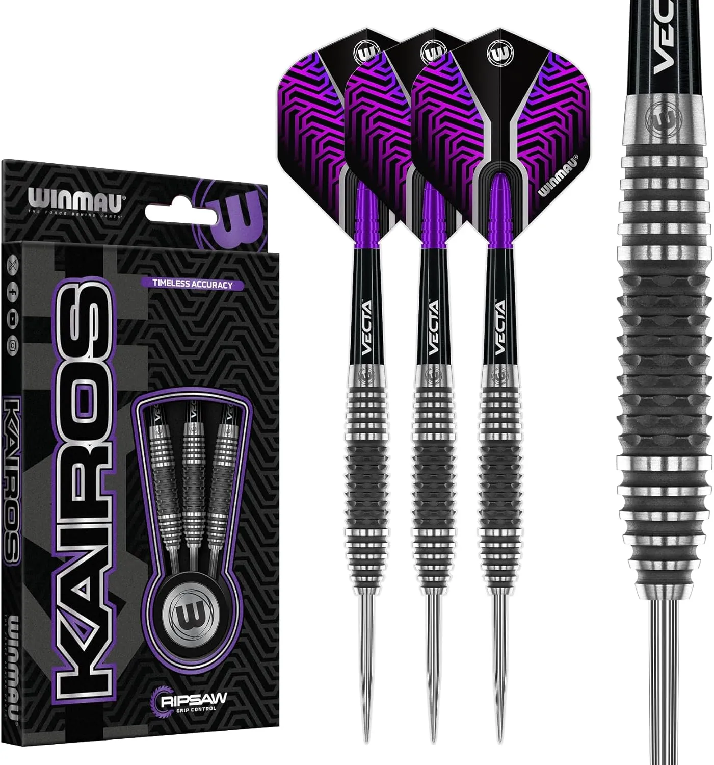 Winmau Darts Kairos Series 90% Professional Tungsten Steel Tip Darts Set with Dart Flights and Dart Shafts (Stems) - Available in Two Styles - Available Weights 21g, 23g 24g and 26g