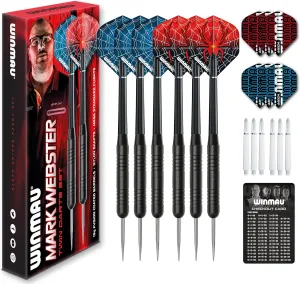 Winmau Darts Mark Webster Twin Set | Premium Steel | 19g Steel Tip Darts Set with Dart Flights and Dart Shafts (Stems) Including Checkout Card