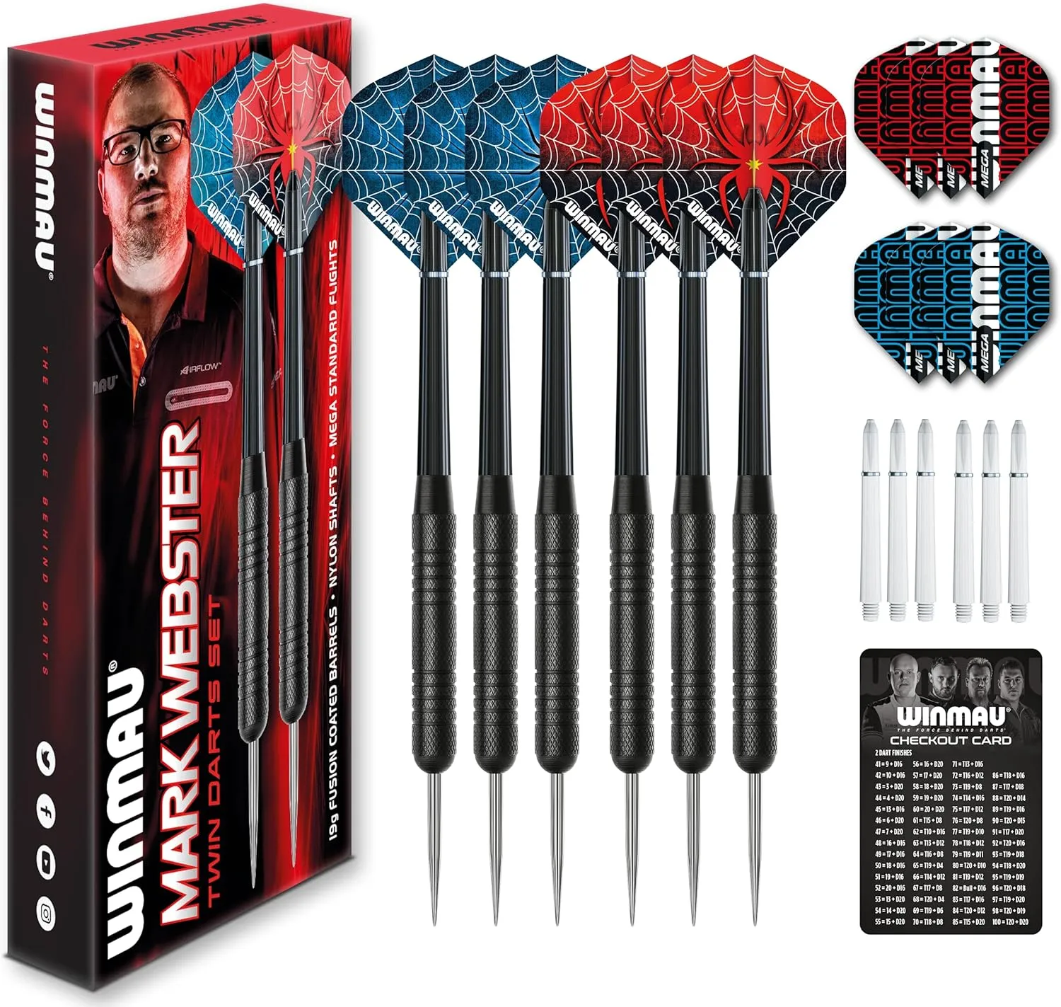 Winmau Darts Mark Webster Twin Set | Premium Steel | 19g Steel Tip Darts Set with Dart Flights and Dart Shafts (Stems) Including Checkout Card