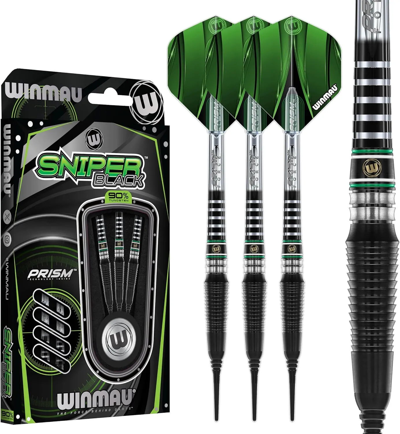 Winmau Darts - Sniper Black Professional 90% Tungsten Darts Set with Dart Flights and Dart Stems (Shafts) - Available in Soft Tip 18g and Steel Tip 23g & 24g