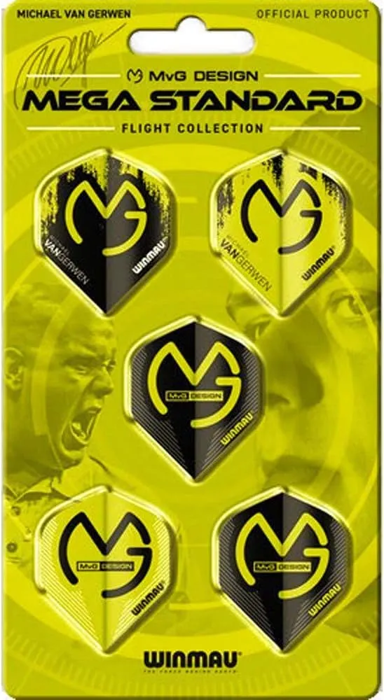 Winmau Mega Standard Pro Player Michael Van Gerwen Collection Dart Flights, 75 Micron Extra Strong (5 Sets)