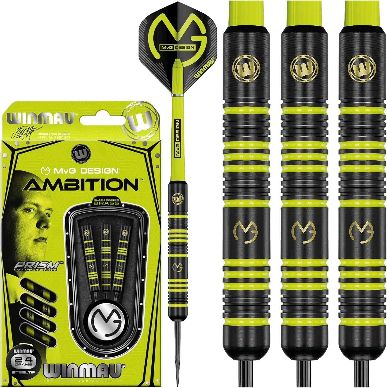 Winmau Michael Van Gerwen MvG Ambition Brass Steeltip Darts Set 24g with MvG Flights and Nylon Shafts (Stems)