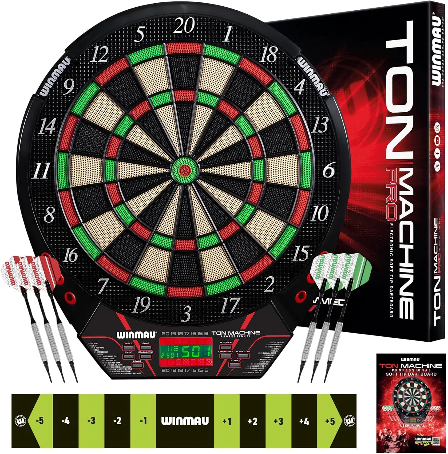 Winmau Ton Machine Electronic Dart Board - Soft Tip Dartboard for Adults, Dart Board Set with 90  Games & Digital Scoreboard for 8 Players - 2 Sets of Soft Tip Darts, Throwing Line & Plastic Tips