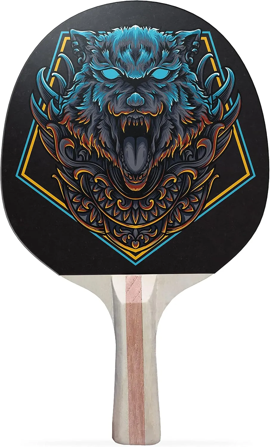 Wolf Emblem Colorful Design Ping Pong Paddle, Premium 5 Ply Table Tennis Racket (Red on Back)